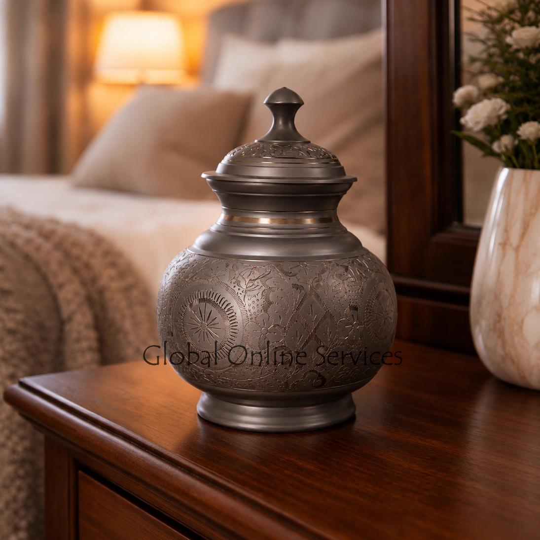 Grey and Gold Engraved Pointed Top Big Adult Cremation Urn
