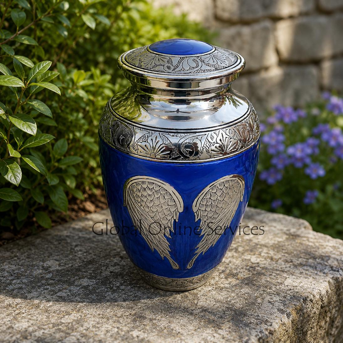 Heavenly Angel Wings Fly With The Wind Design Large Adult Human Memorial Urn For Ashes Blue