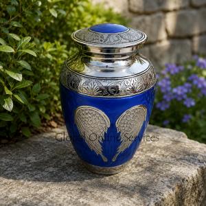 Heavenly Angel Wings Fly With The Wind Design Large Adult Human Memorial Urn For Ashes Blue