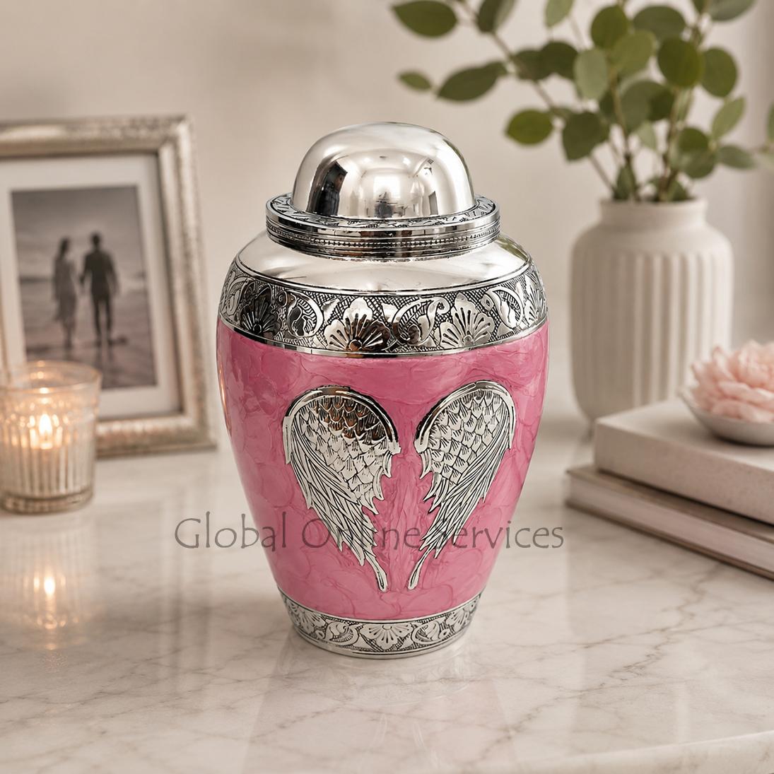 Heavenly Angel Wings Fly With The Wind Design Large Adult Human Memorial Urn For Ashes (Pink)