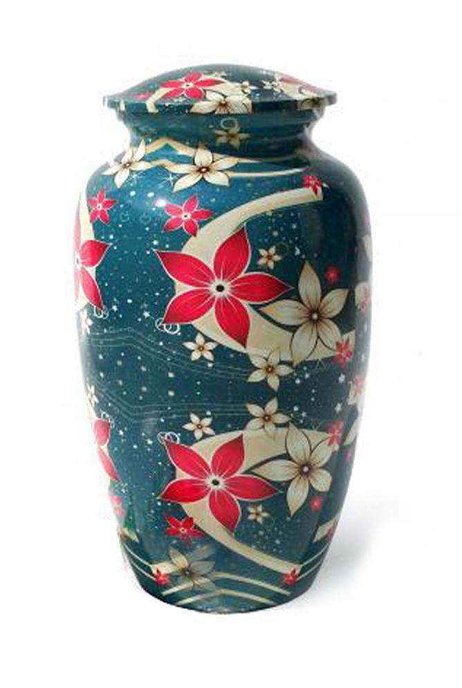 Blue Floral Aluminium Large Cremation Urn for Human Ashes