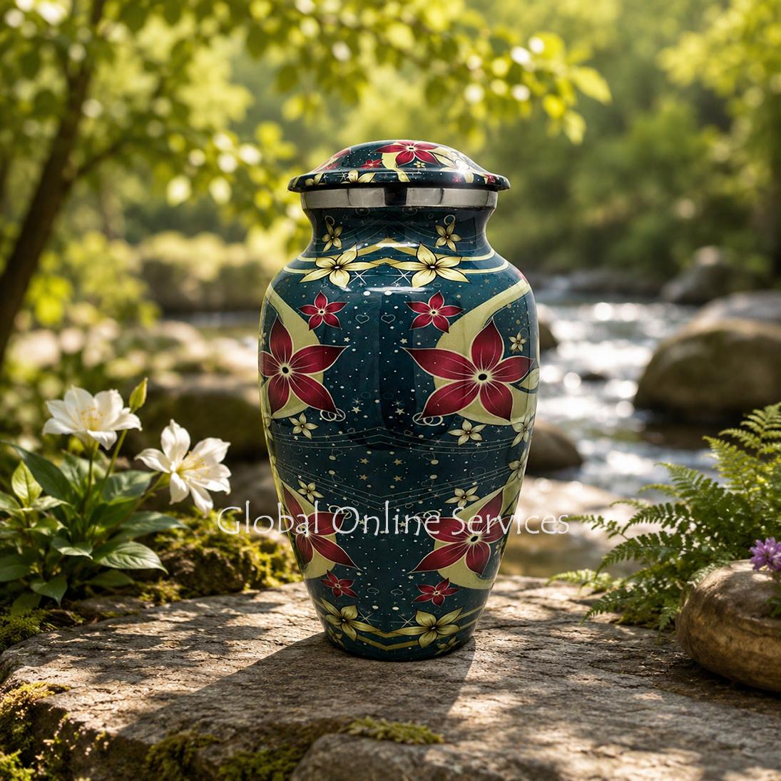 Large Blue Floral Aluminium Urn for Human Ashes