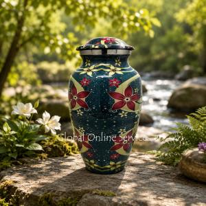 Large Blue Floral Aluminium Urn for Human Ashes
