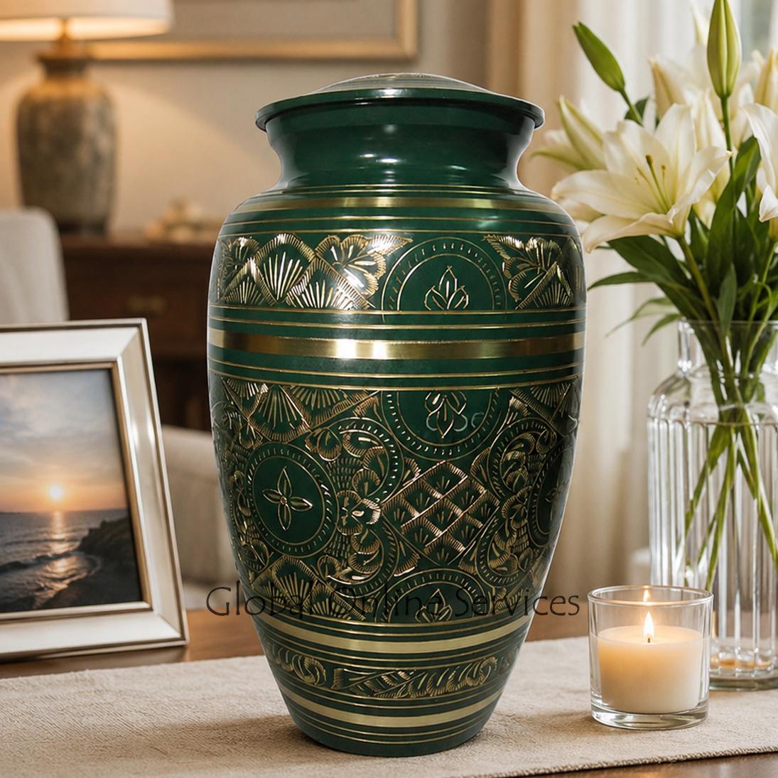 Large Forest Green Golden Detailed Adult Urn Ashes