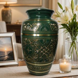 Large Forest Green Golden Detailed Adult Urn Ashes