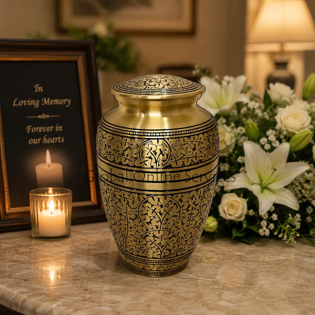 Large Size Antique Engraved Adult Funeral Brass Urn for Human Ashes