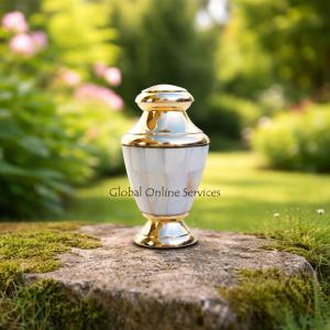 Luxurious Mother of Pearl Keepsake Urn – Handcrafted Brass Memorial Urn with Velvet Box
