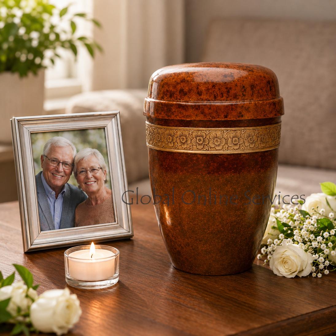 Marble Brown Finish Floral Band Aluminium Adult Memorial Urn for Ashes