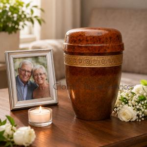 Marble Brown Finish Floral Band Aluminium Adult Memorial Urn for Ashes