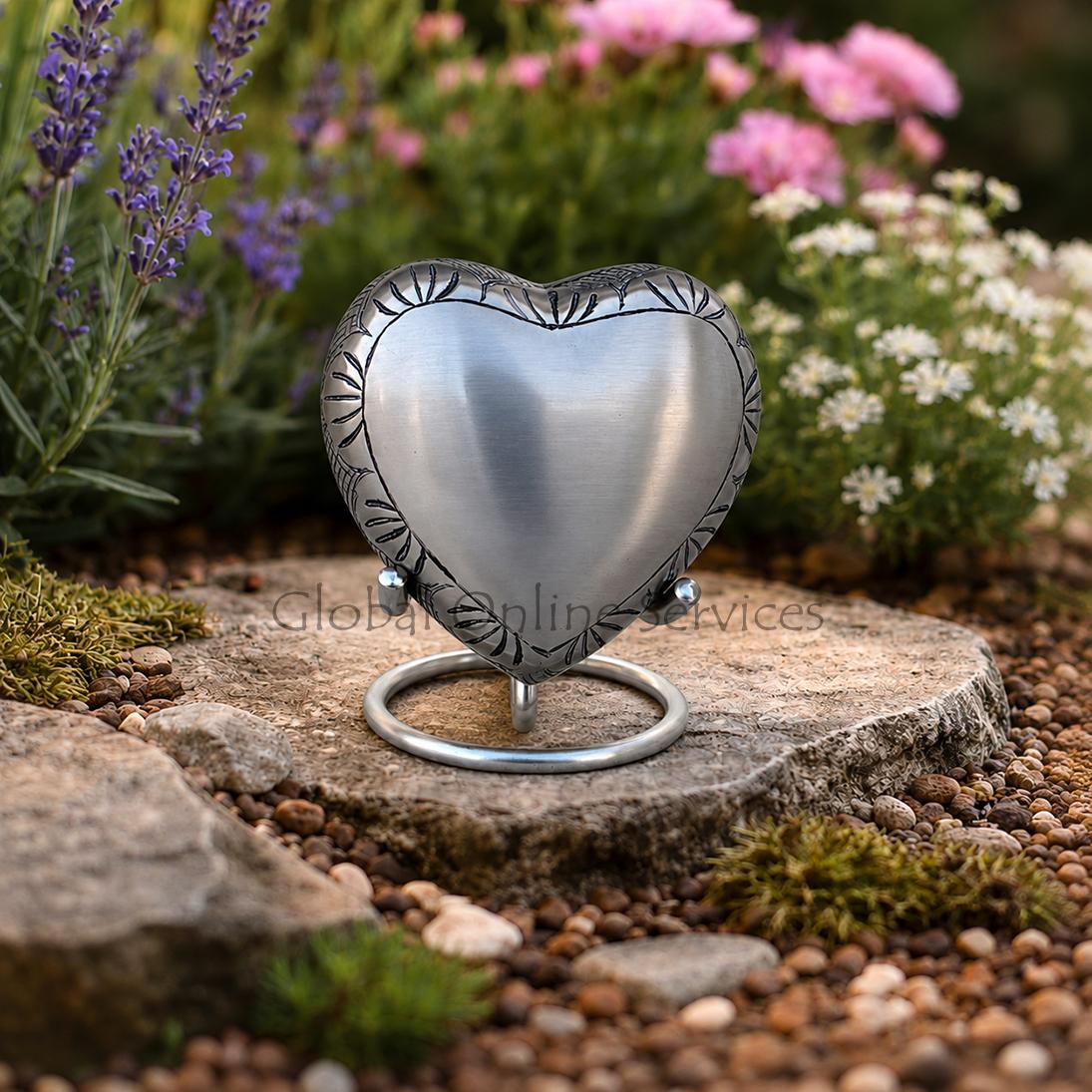 Mini Heart Keepsake Memorial Urns for Ashes, Pewter Leaf Band Small Keepsake Funeral Urn with Stand