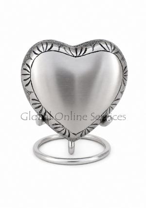 Mini Heart Keepsake Memorial Urns for Ashes, Pewter Leaf Band Small Keepsake Funeral Urn with Stand