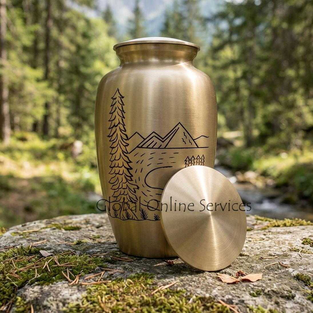 Mountain Scene Brass Adult Funeral Urn for Ashes