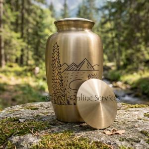 Mountain Scene Brass Adult Funeral Urn for Ashes