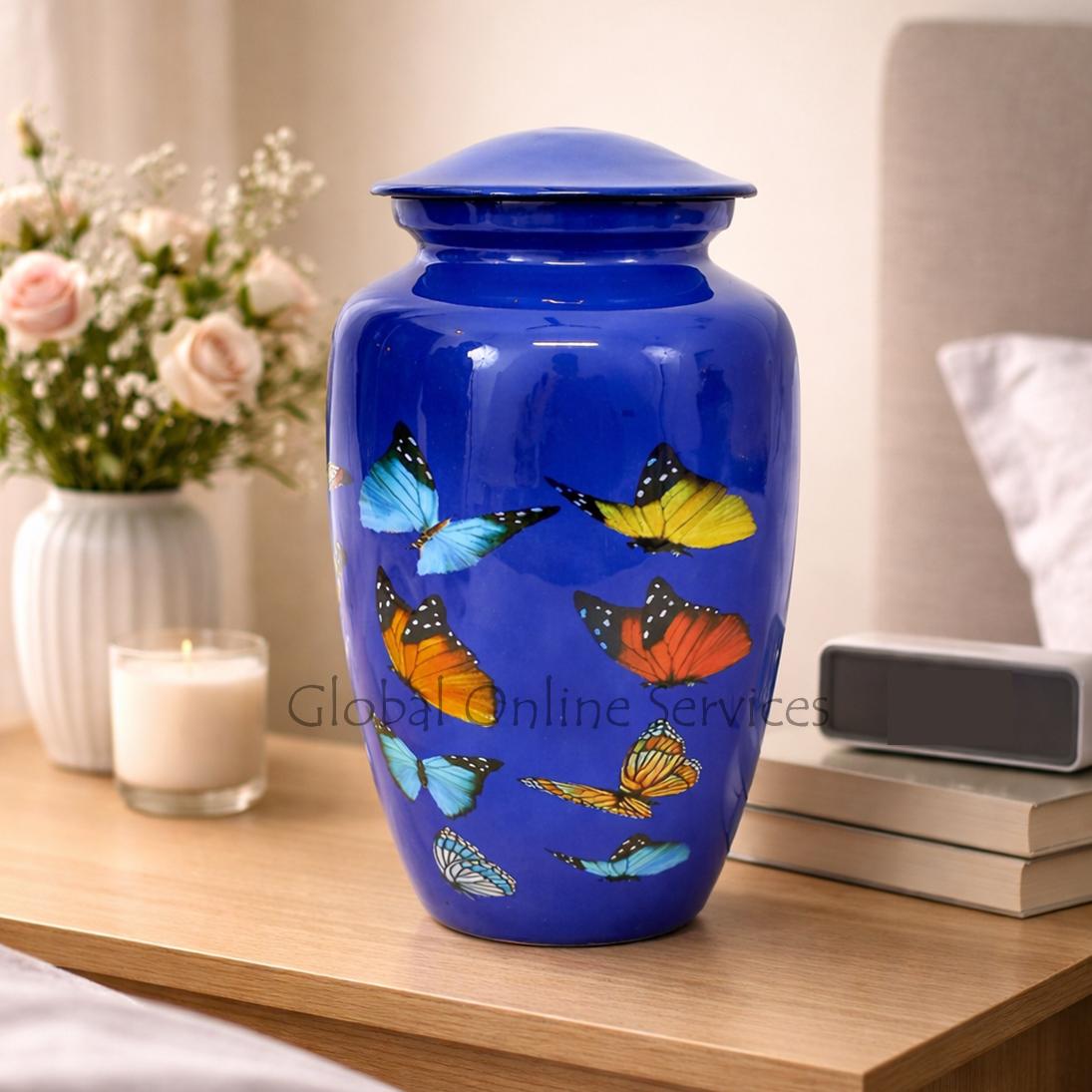 Multi Coloured Flying Butterflies Designed Large Blue Adult Human Memorial Urn For Ashes.
