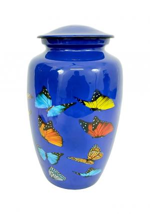 Multi Coloured Flying Butterflies Designed Large Blue Adult Human Memorial Urn For Ashes.