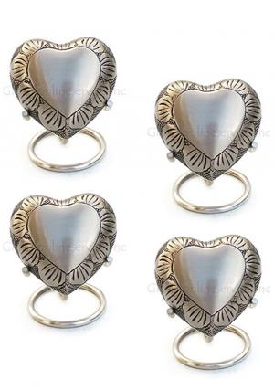 Pack Of Four Small Pewter Leaf Band Heart Keepsake Funeral Urn with Stand For Human Ashes