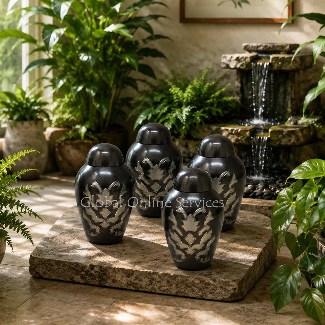 Pack of Four Charcoal Gray Keepsake Urns with Silver Engraved Design – Elegant Mini Memorial Urns for Ashes