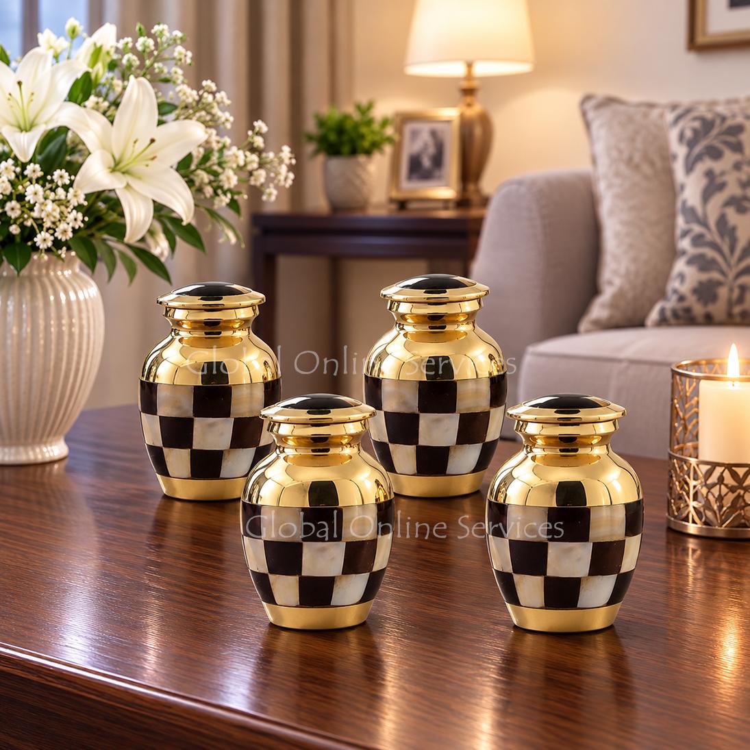 Pack of Four Checkered Gold and Black Keepsake Urns – Elegant Mini Memorial Urns for Ashes
