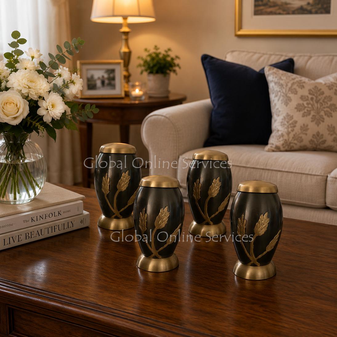 Pack of Four Flat Top Monarch Wheat Keepsake Urns for Memorial Ashes – Elegant Brass Memorial Urns for Human Ashes
