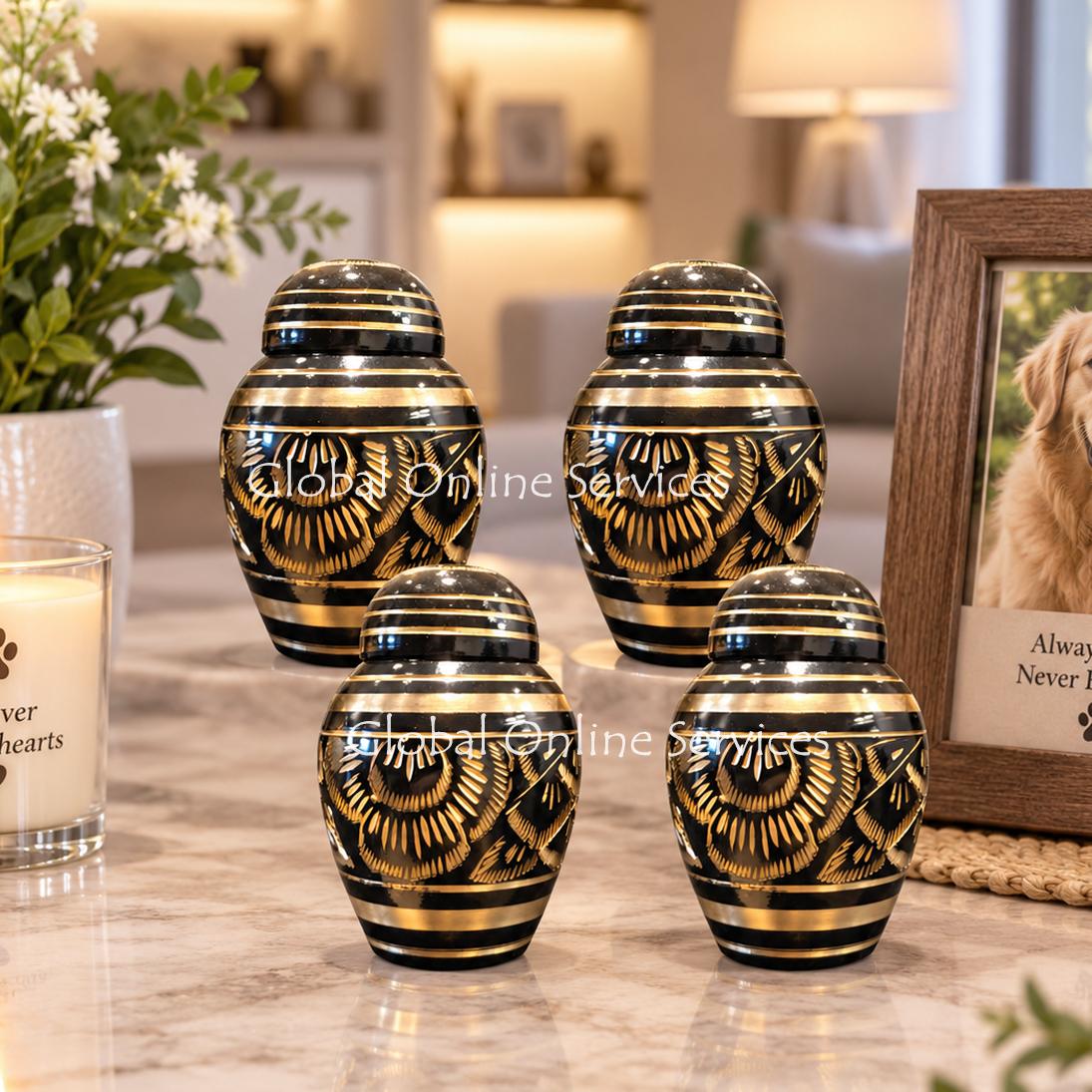 Pack of Four Small Black Polished Classic Brass Keepsake Urns – Elegant Memorial Urns for Human Ashes with Gold Detailing