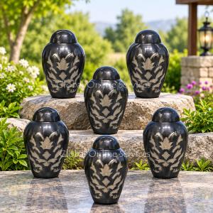 Pack of Six Charcoal Gray Keepsake Urns with Silver Engraved Design – Elegant Mini Memorial Urns for Ashes