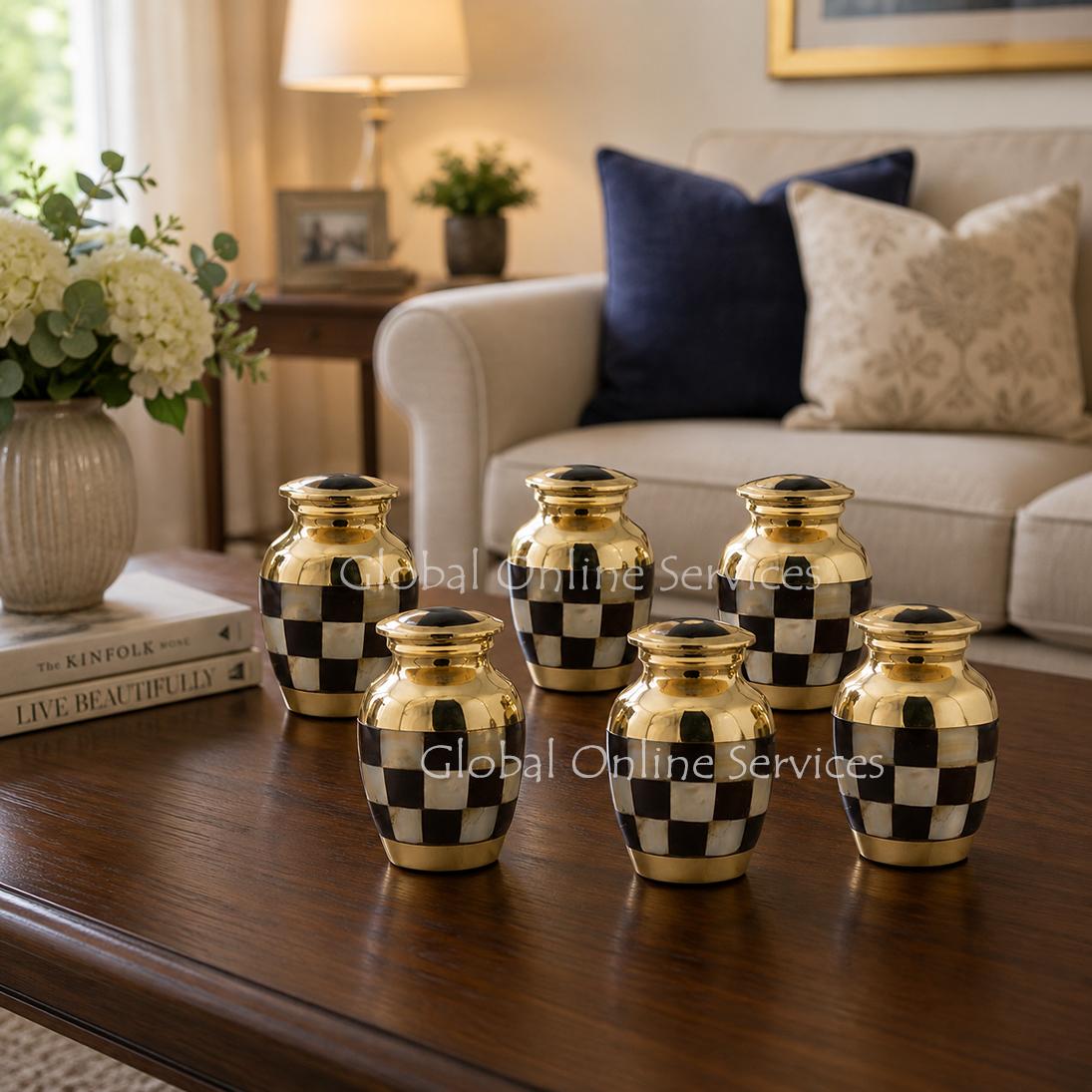 Pack of Six Checkered Gold and Black Keepsake Urns – Elegant Mini Memorial Urns for Ashes