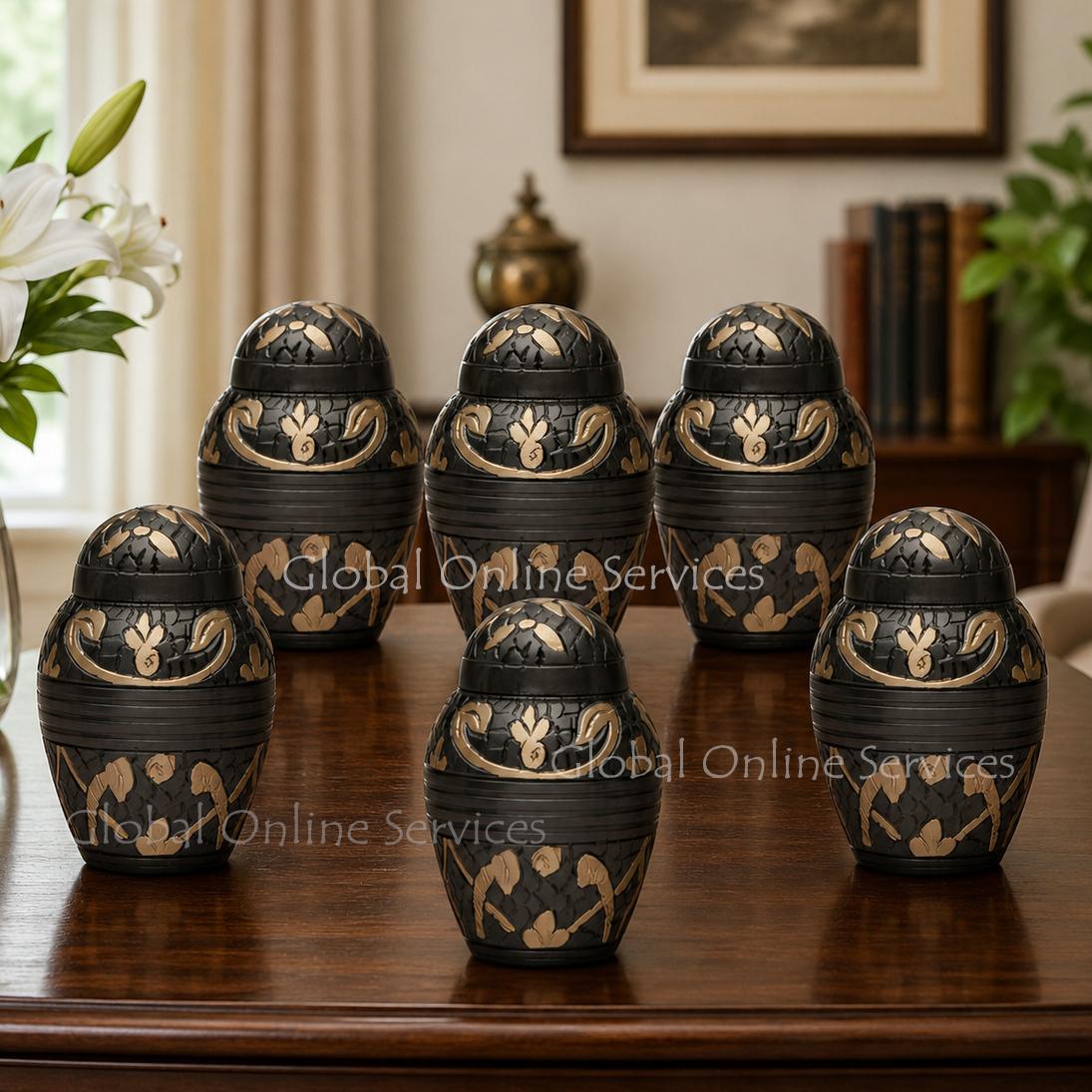 Pack of Six Dome Top Windsor Black Floral Keepsake Urns – Elegant Mini Memorial Urns for Ashes