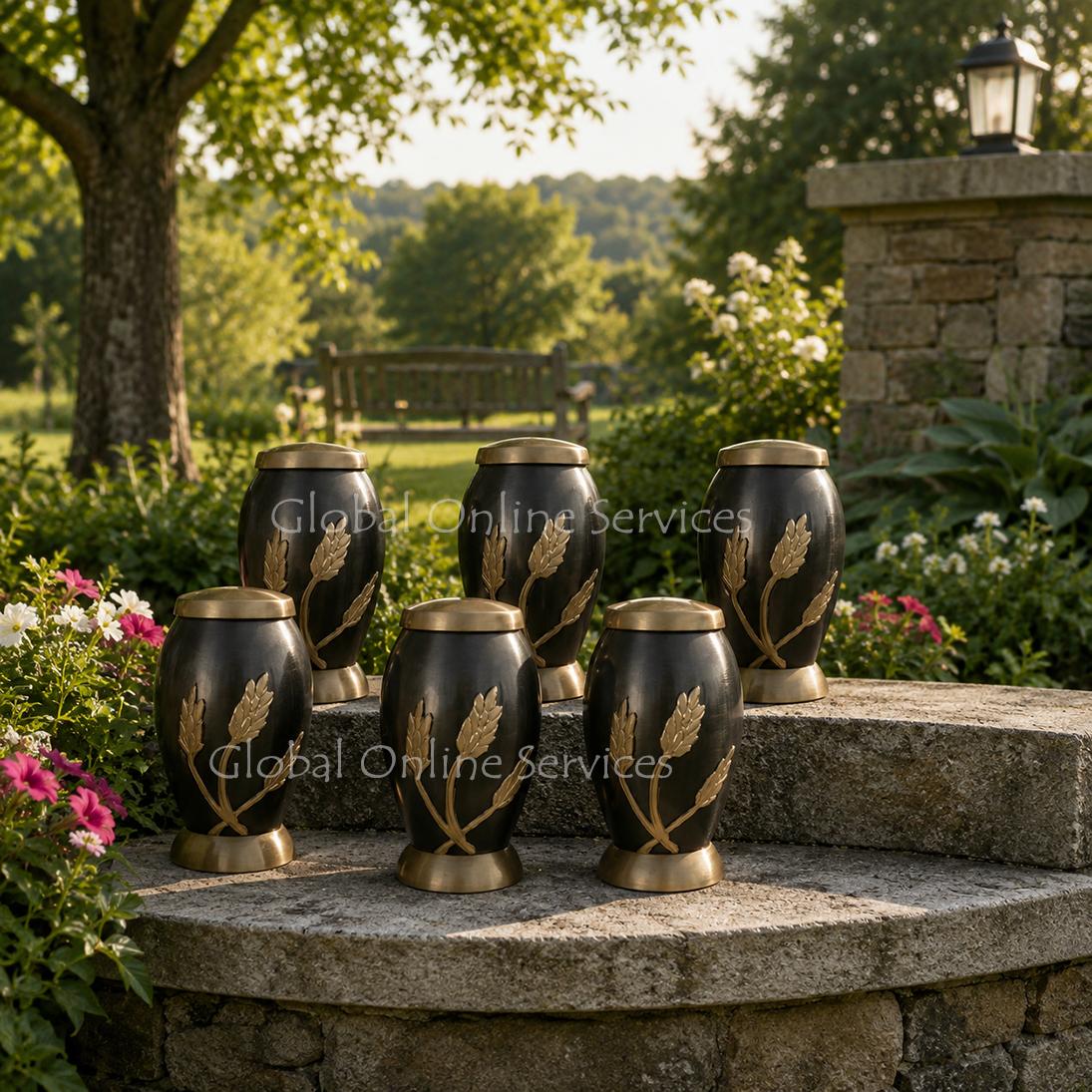 Pack of Six Flat Top Monarch Wheat Keepsake Urns for Memorial Ashes – Elegant Brass Memorial Urns for Human Ashes