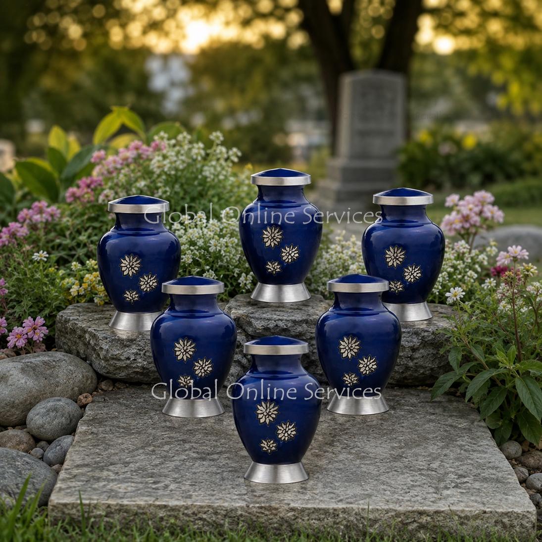 Pack of Six Royal Blue Keepsake Urns with Gold Floral Engraving