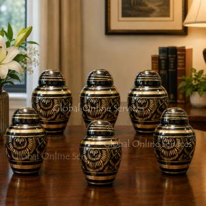 Pack of Six Small Black Polished Classic Brass Keepsake Urns – Elegant Memorial Urns for Human Ashes with Gold Detailing