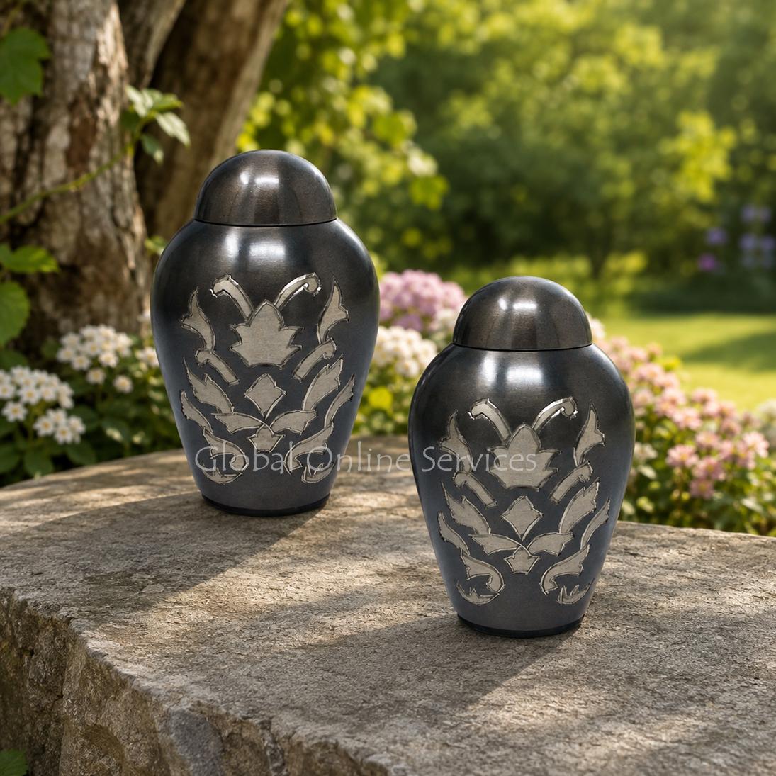 Pack of Two Charcoal Gray Keepsake Urns with Silver Engraved Design – Elegant Mini Memorial Urns for Ashes