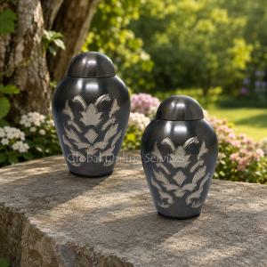 Pack of Two Charcoal Gray Keepsake Urns with Silver Engraved Design – Elegant Mini Memorial Urns for Ashes