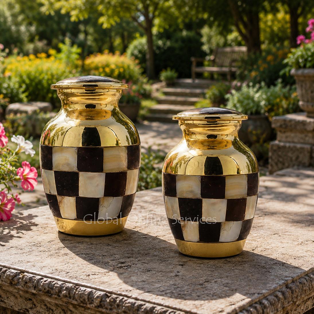 Pack of Two Checkered Gold and Black Keepsake Urns – Elegant Mini Memorial Urns for Ashes