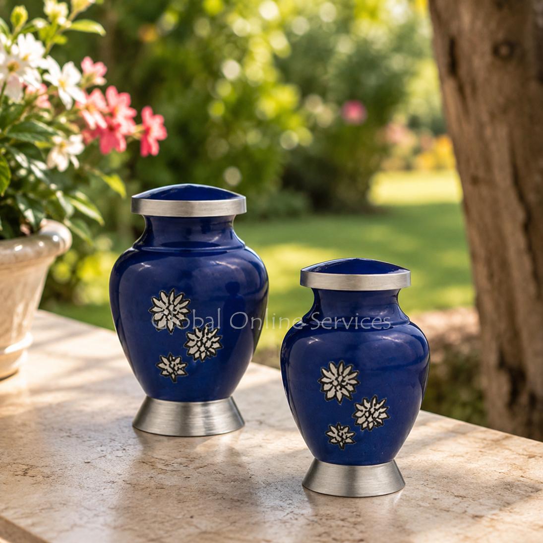 Pack of Two Royal Blue Keepsake Urns with Gold Floral Engraving