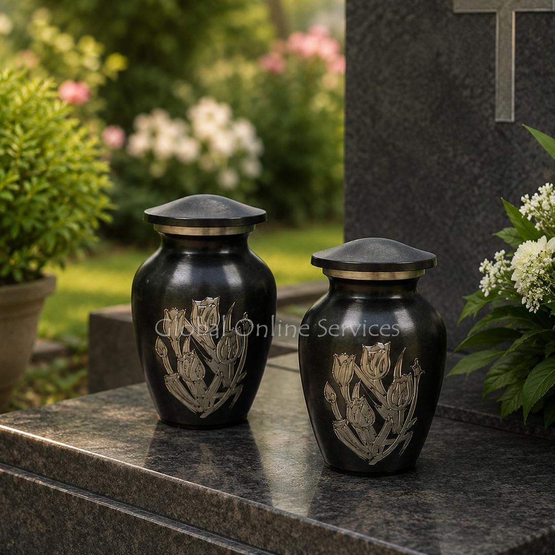 Pack of Two Small Gray Rose Keepsake Urns – Hand-Engraved Mini Memorial Urns for Human Ashes
