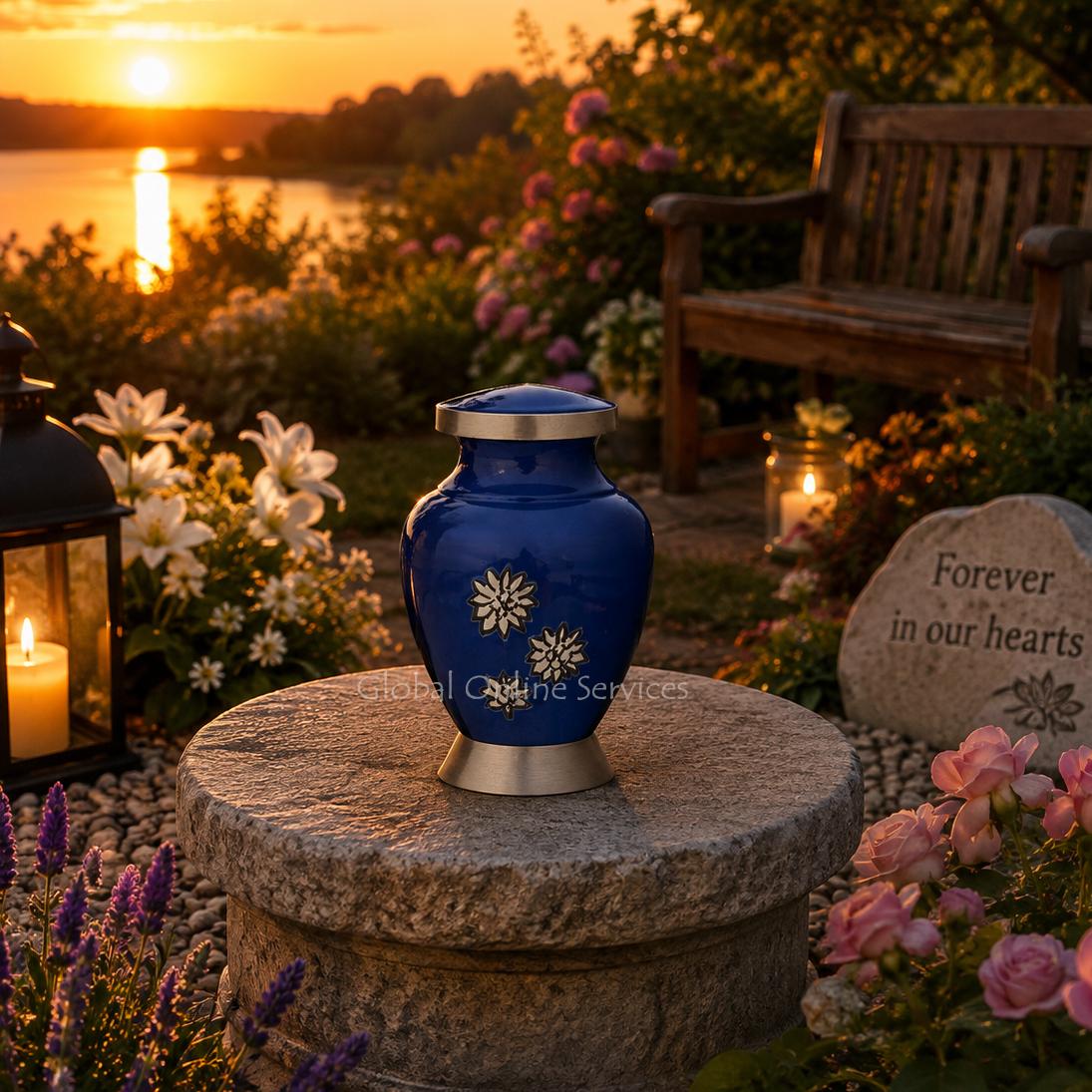 Polished Blue & Silver Floral Urn – Beautiful Mini Cremation Keepsake