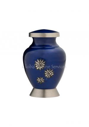Polished Blue & Silver Floral Urn – Beautiful Mini Cremation Keepsake