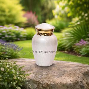 Premium Pearl White Keepsake Urn with Gold Accents – Durable Mini Brass Urn for Ashes