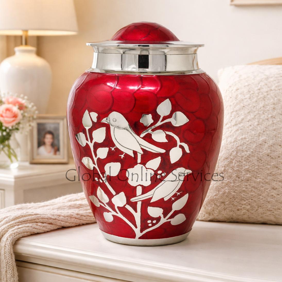 Red blessing birds large adult ashes cremation urn 