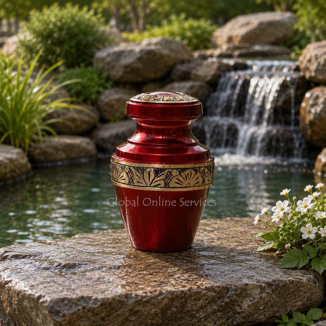 Rich Ruby Red Brass Flower Engraving Small Keepsake Funeral Urn for Ashes
