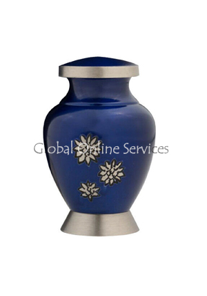 Polished Blue & Silver Floral Urn – Beautiful Mini Cremation Keepsake