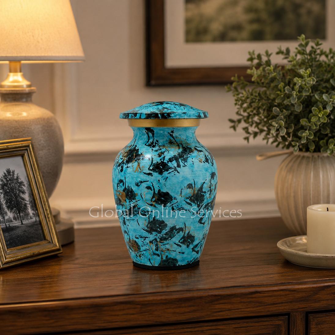 Serene Blue Marbled Keepsake Urn – Elegant Brass Memorial for Human & Pet Ashes