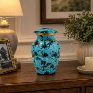 Serene Blue Marbled Keepsake Urn – Elegant Brass Memorial for Human & Pet Ashes