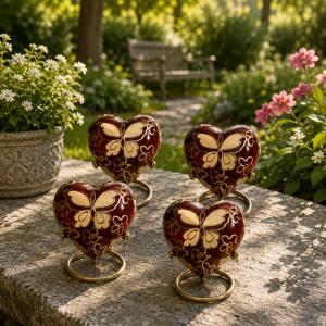 Set of Four Golden Butterfly Heart Keepsake Urns – A Radiant Tribute to Everlasting Love