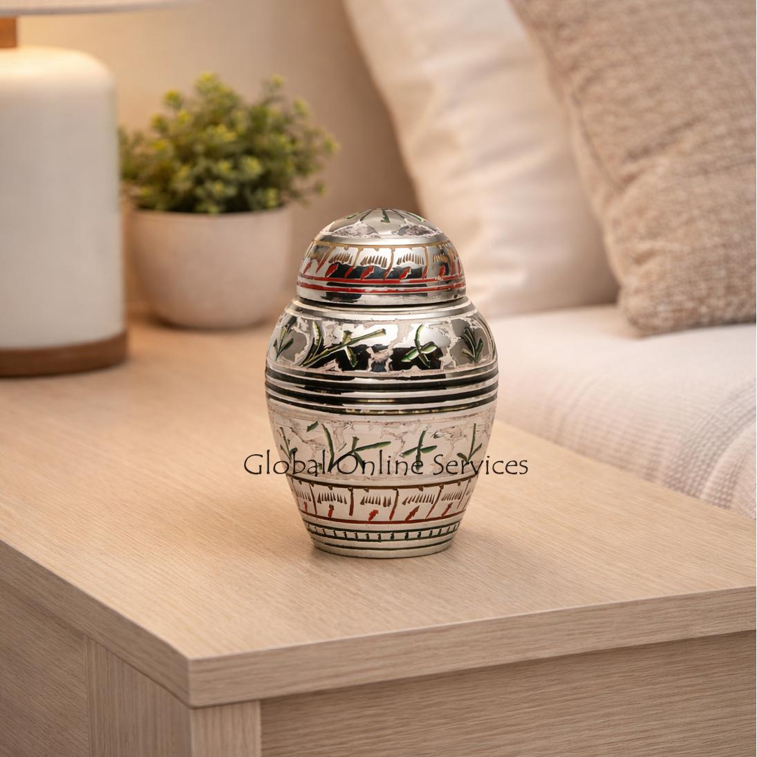 Silver and White Flower Engravings Memorial Urn Ashes for Human