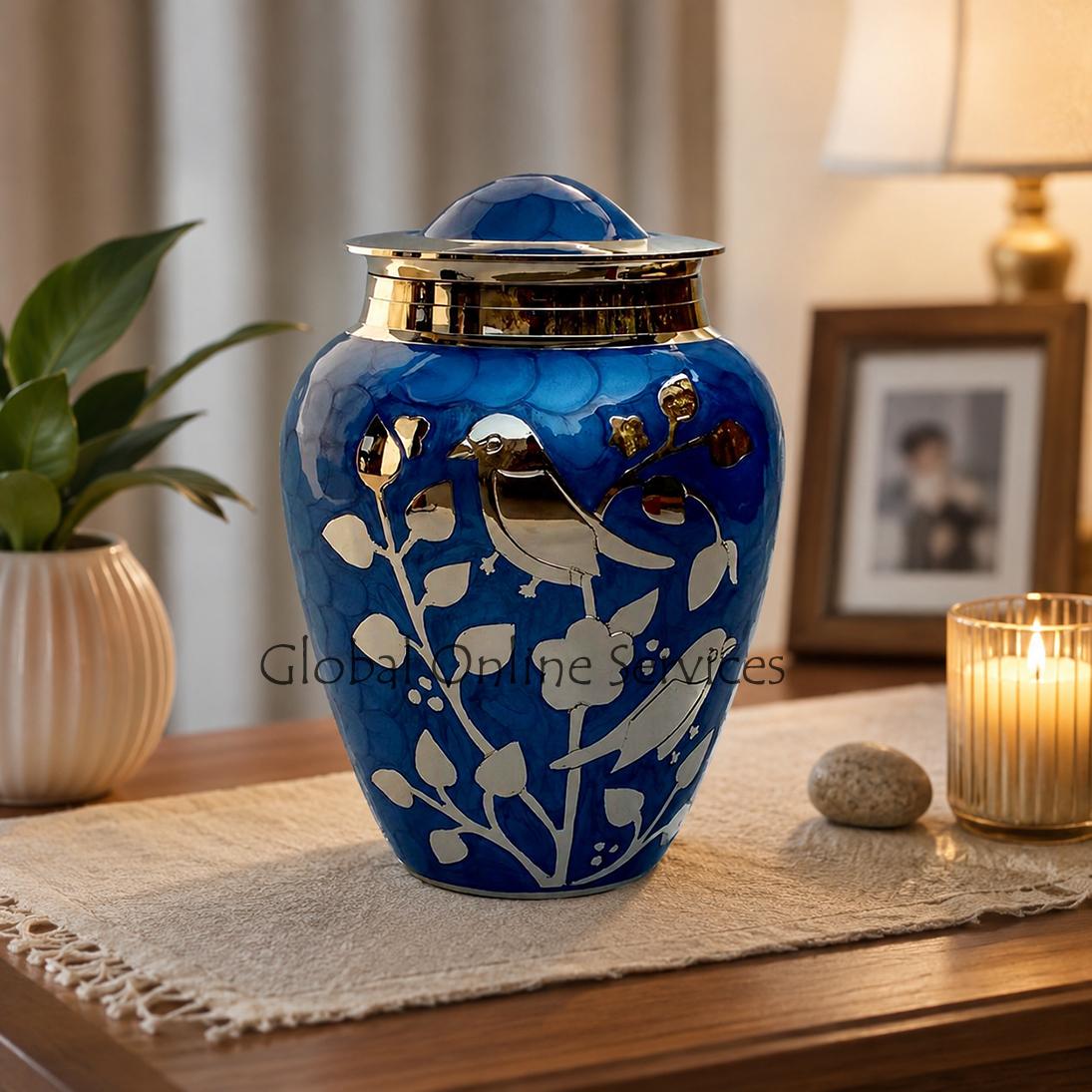 Silver blessing birds large adult ashes cremation urn in blue