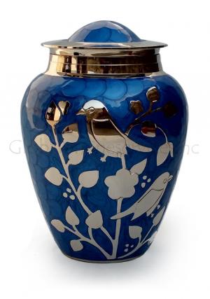 Silver blessing birds large adult ashes cremation urn in blue