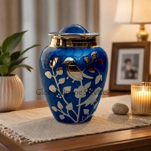 Silver blessing birds large adult ashes cremation urn in blue