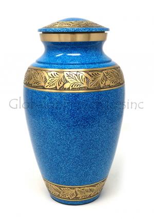Adult Sky Blue Engraved Band Brass Urn for Funeral Human Ashes
