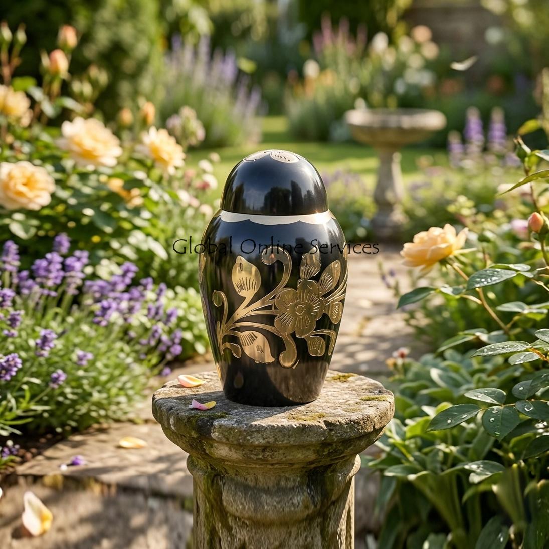 Small Black and Gold Floral Keepsake Urn for Cremation Ashes